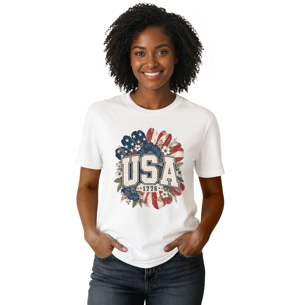 USA Floral Lettering Flower Pattern Graphic T-Shirt