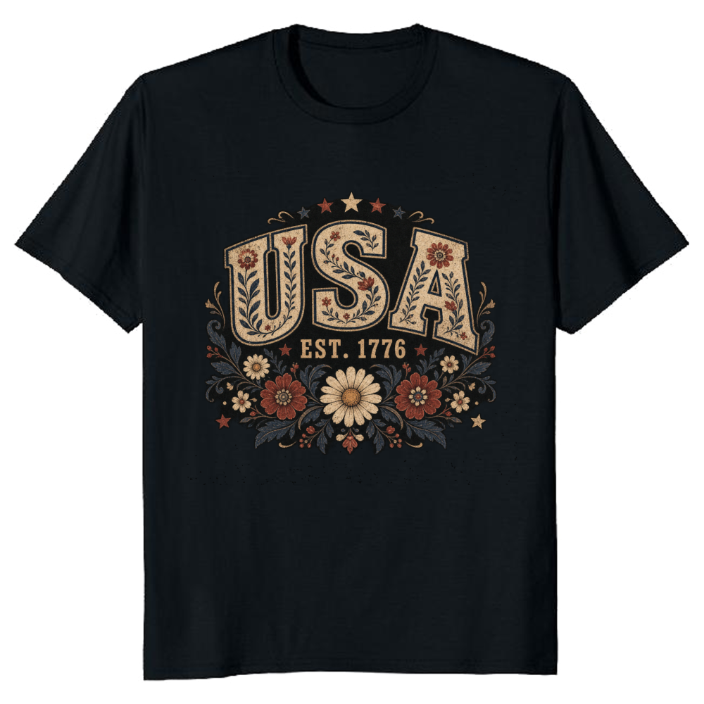 USA Botanical Flower Pattern Graphic T-Shirt