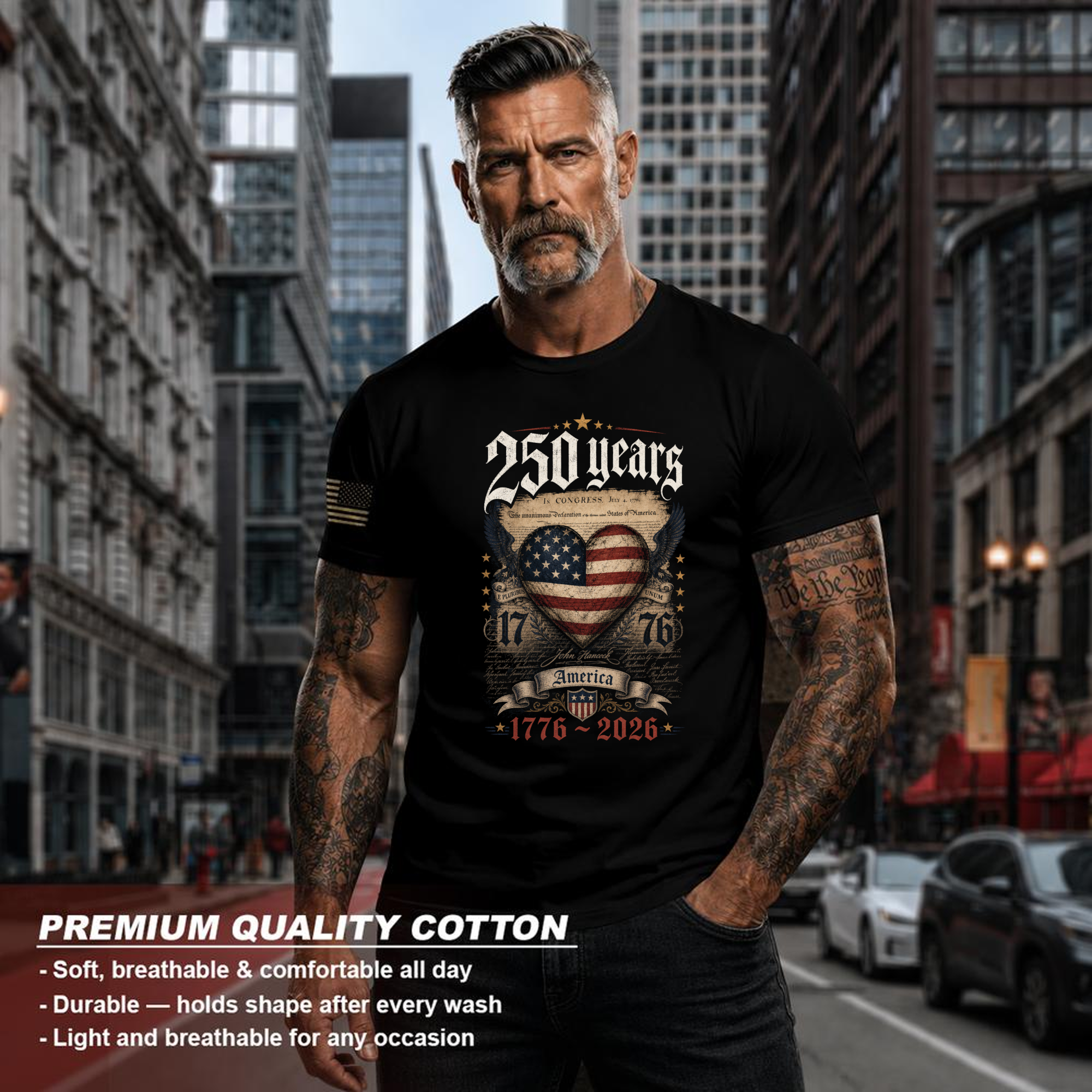 Vintage 250 Anniversary Decorated Heart Flag Graphic T-Shirt
