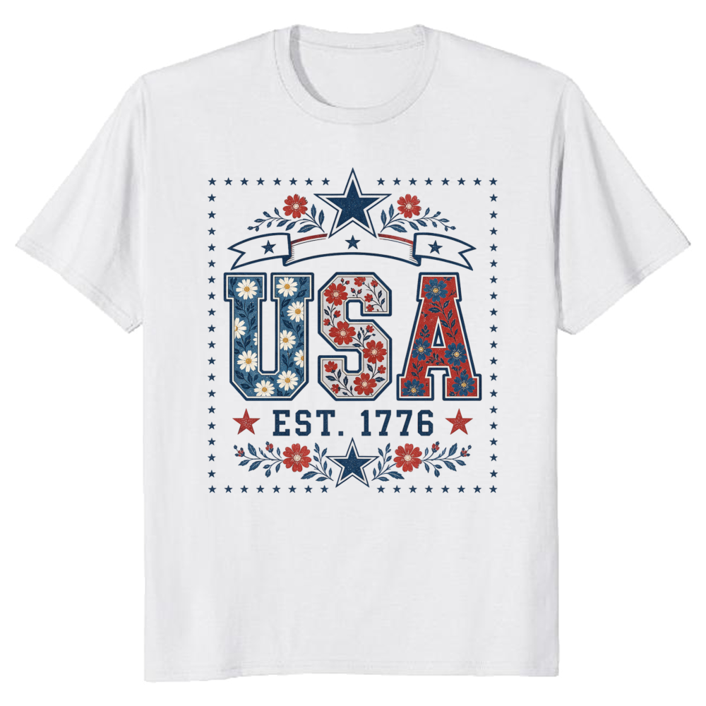 USA Botanical Flower Pattern Graphic T-Shirt