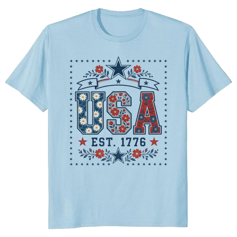USA Botanical Flower Pattern Graphic T-Shirt