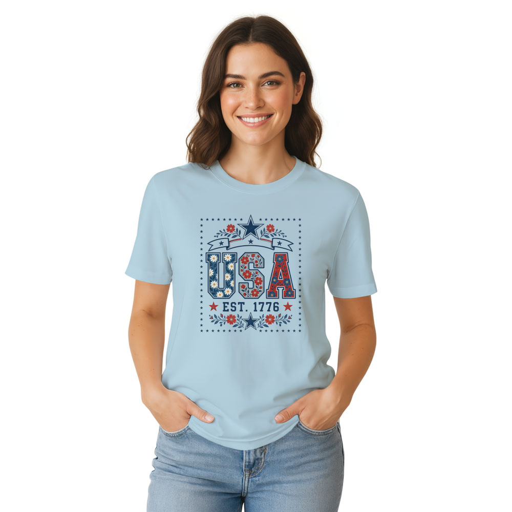 USA Botanical Flower Pattern Graphic T-Shirt