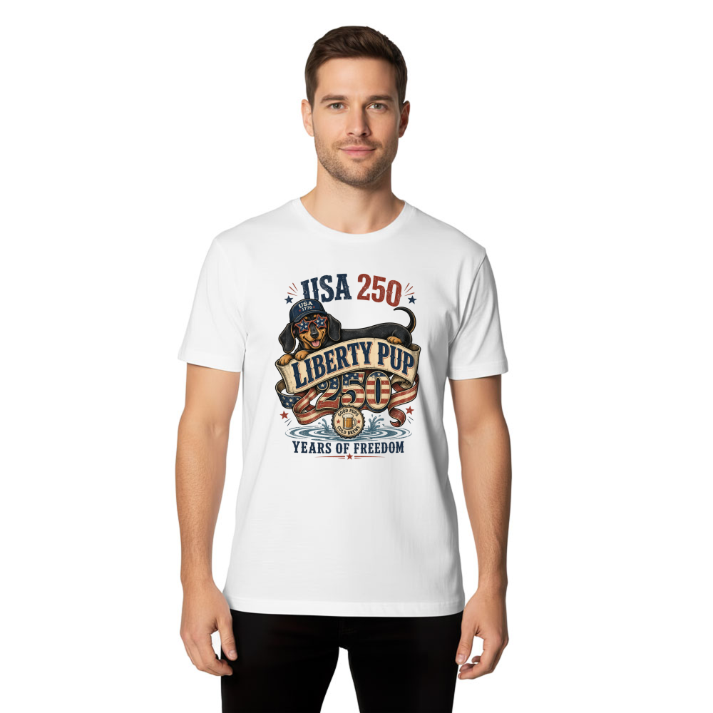 Patriotic Dog 250th Anniversary, USA Flag Red, White And Blue Freedom Independence Day Dog Lover Gift For 4th Of July T-Shirt
