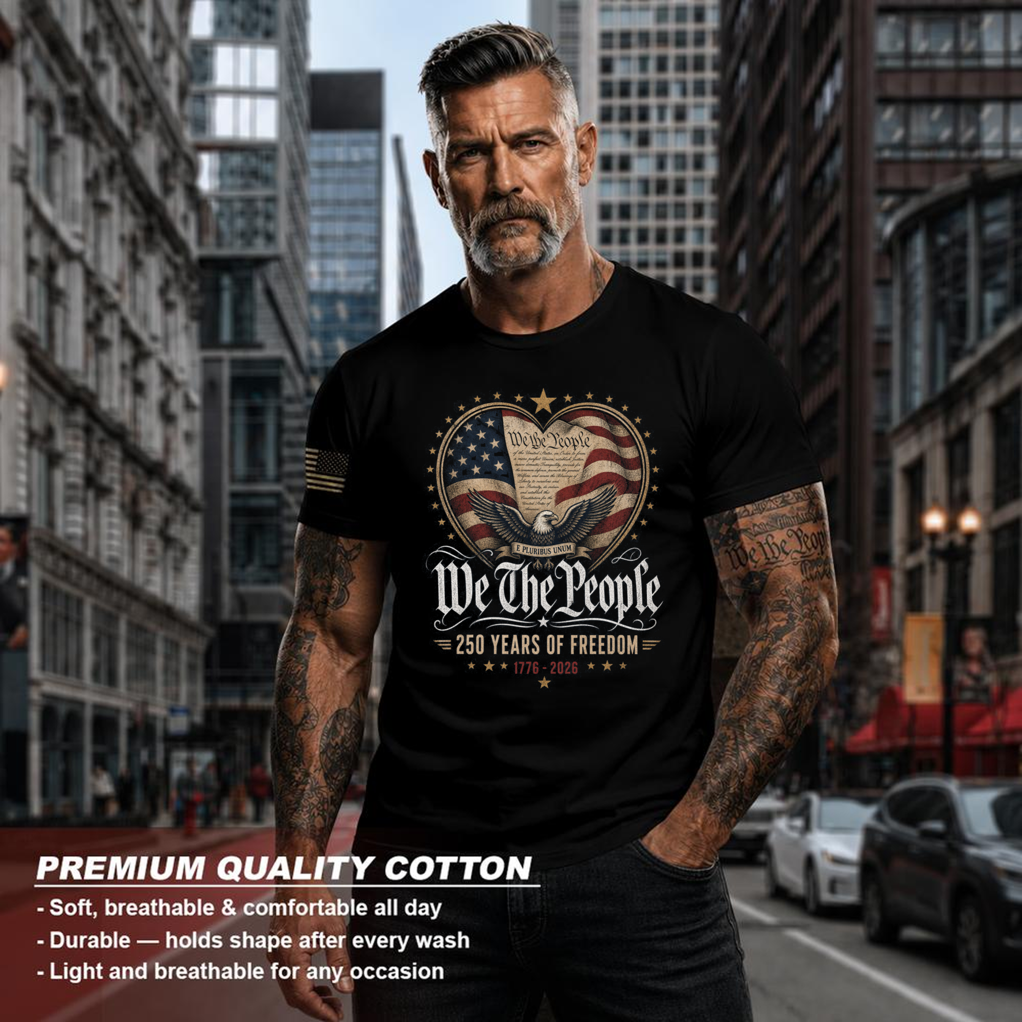 Patriotic 250 Anniversary Decorated American Flag Graphic T-Shirt
