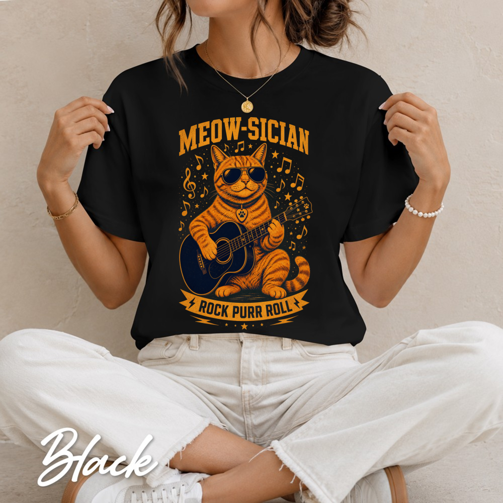 Meow-sician Playful Tabby Guitar Music Notes Graphic T-Shirt