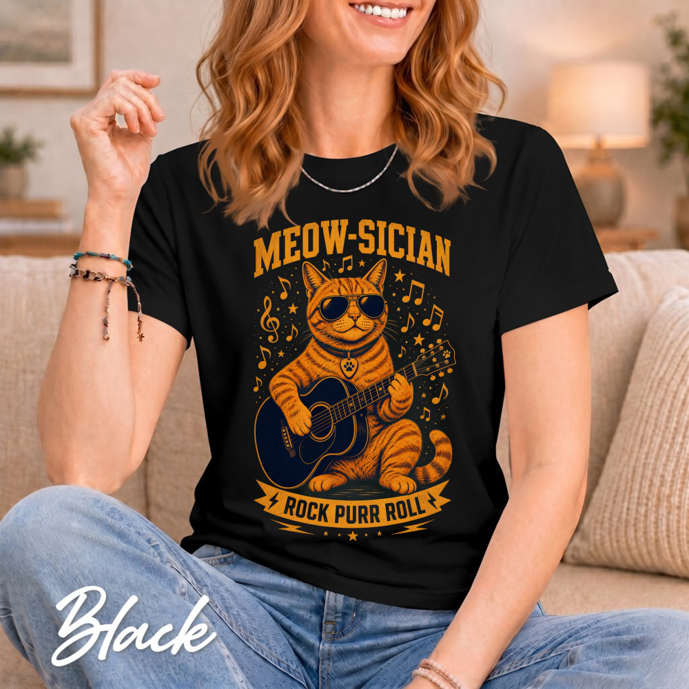 Meow-sician Playful Tabby Guitar Music Notes Graphic T-Shirt