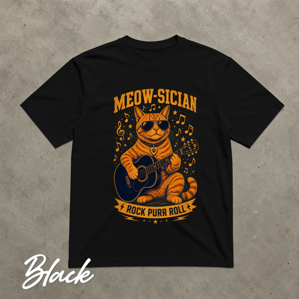 Meow-sician Playful Tabby Guitar Music Notes Graphic T-Shirt