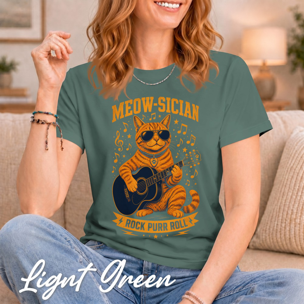 Meow-sician Playful Tabby Guitar Music Notes Graphic T-Shirt