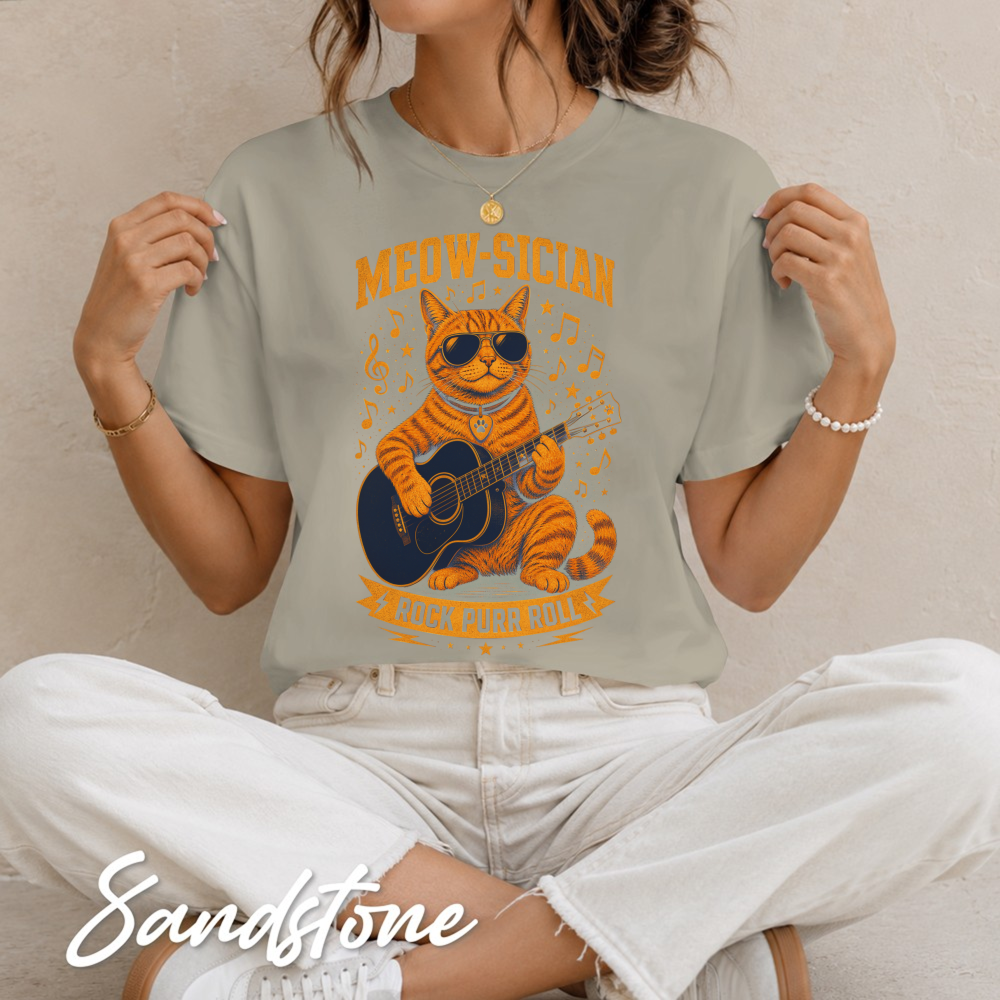 Meow-sician Playful Tabby Guitar Music Notes Graphic T-Shirt