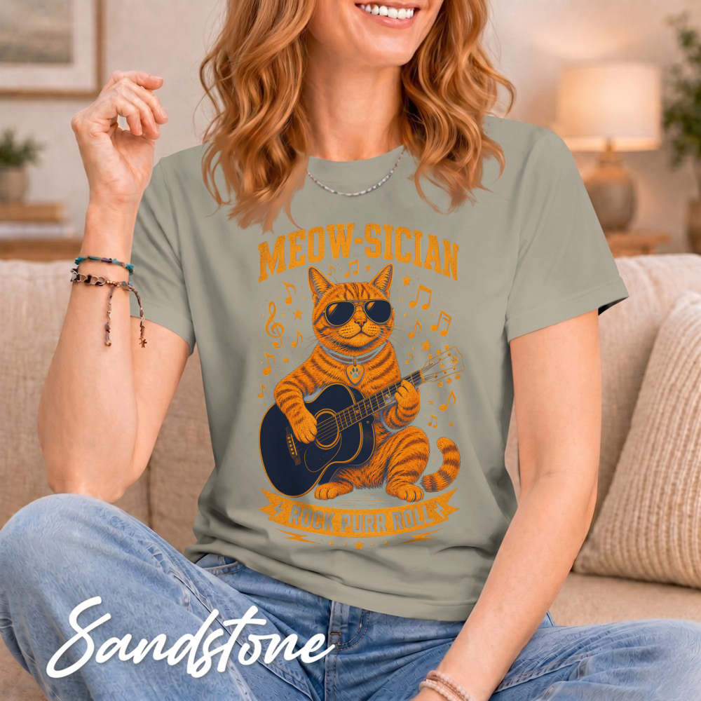 Meow-sician Playful Tabby Guitar Music Notes Graphic T-Shirt