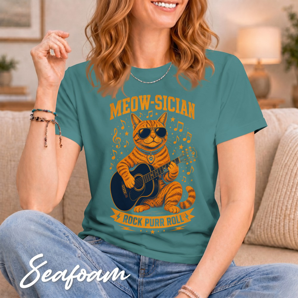 Meow-sician Playful Tabby Guitar Music Notes Graphic T-Shirt