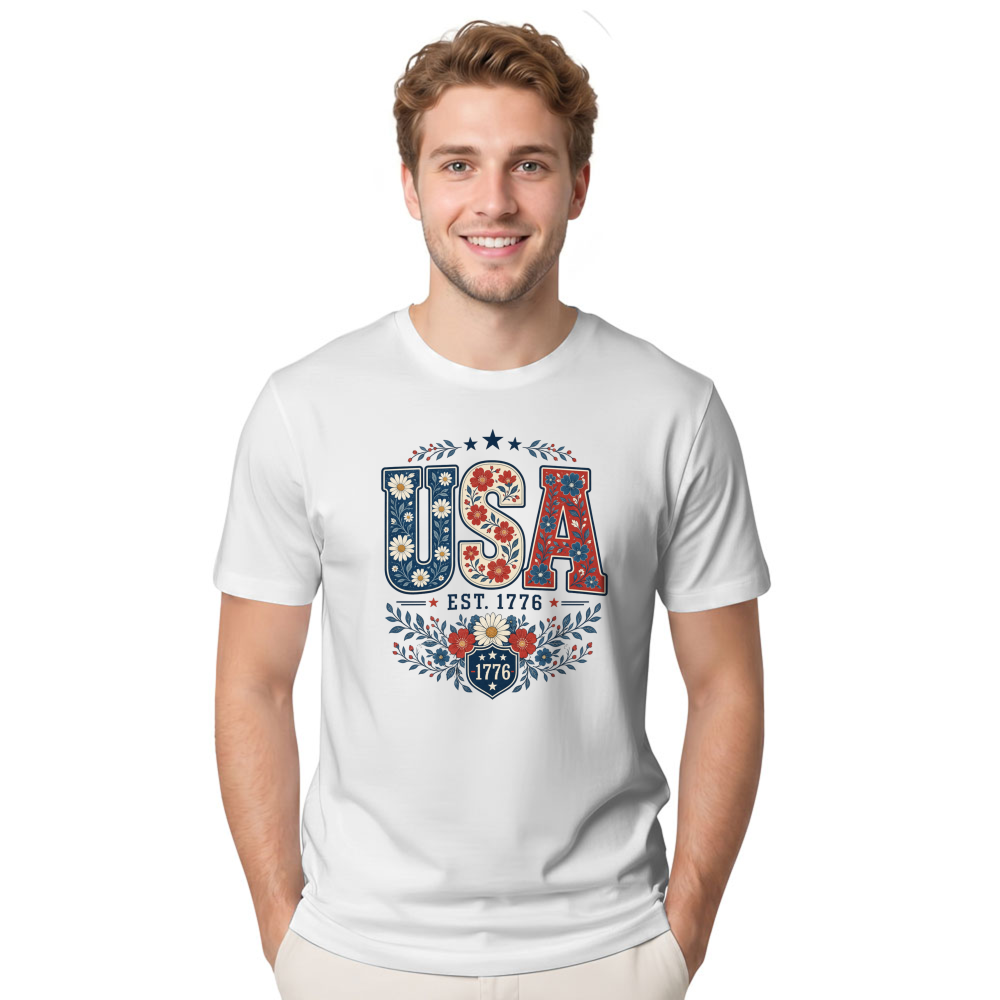USA Flower Pattern Botanical Graphic T-Shirt
