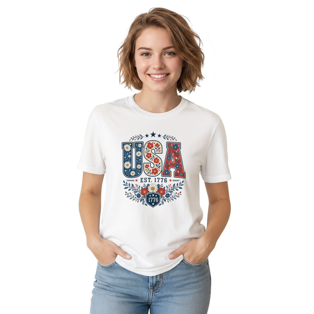 USA Flower Pattern Botanical Graphic T-Shirt