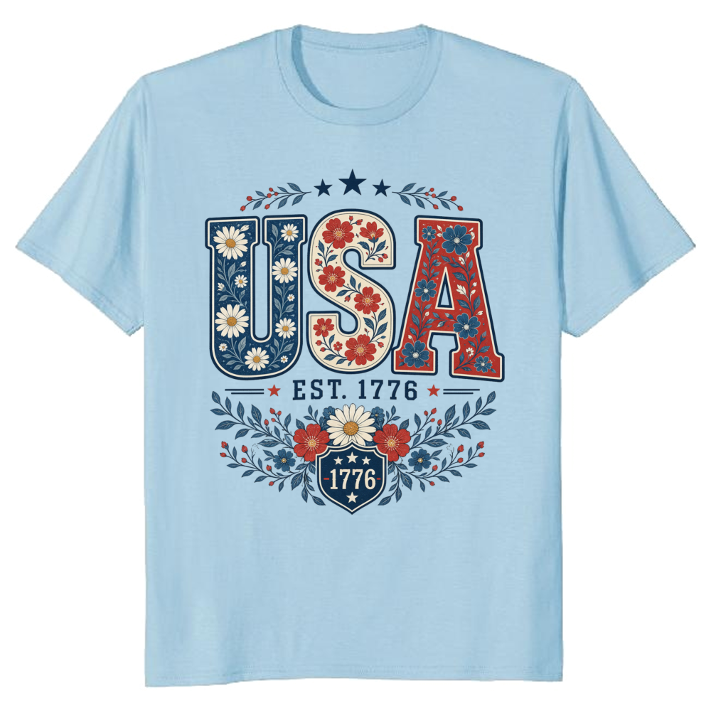 USA Flower Pattern Botanical Graphic T-Shirt