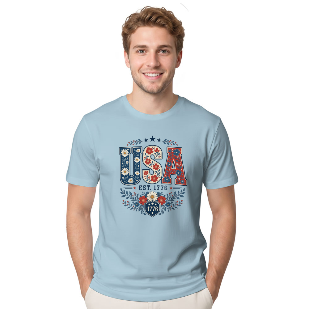 USA Flower Pattern Botanical Graphic T-Shirt