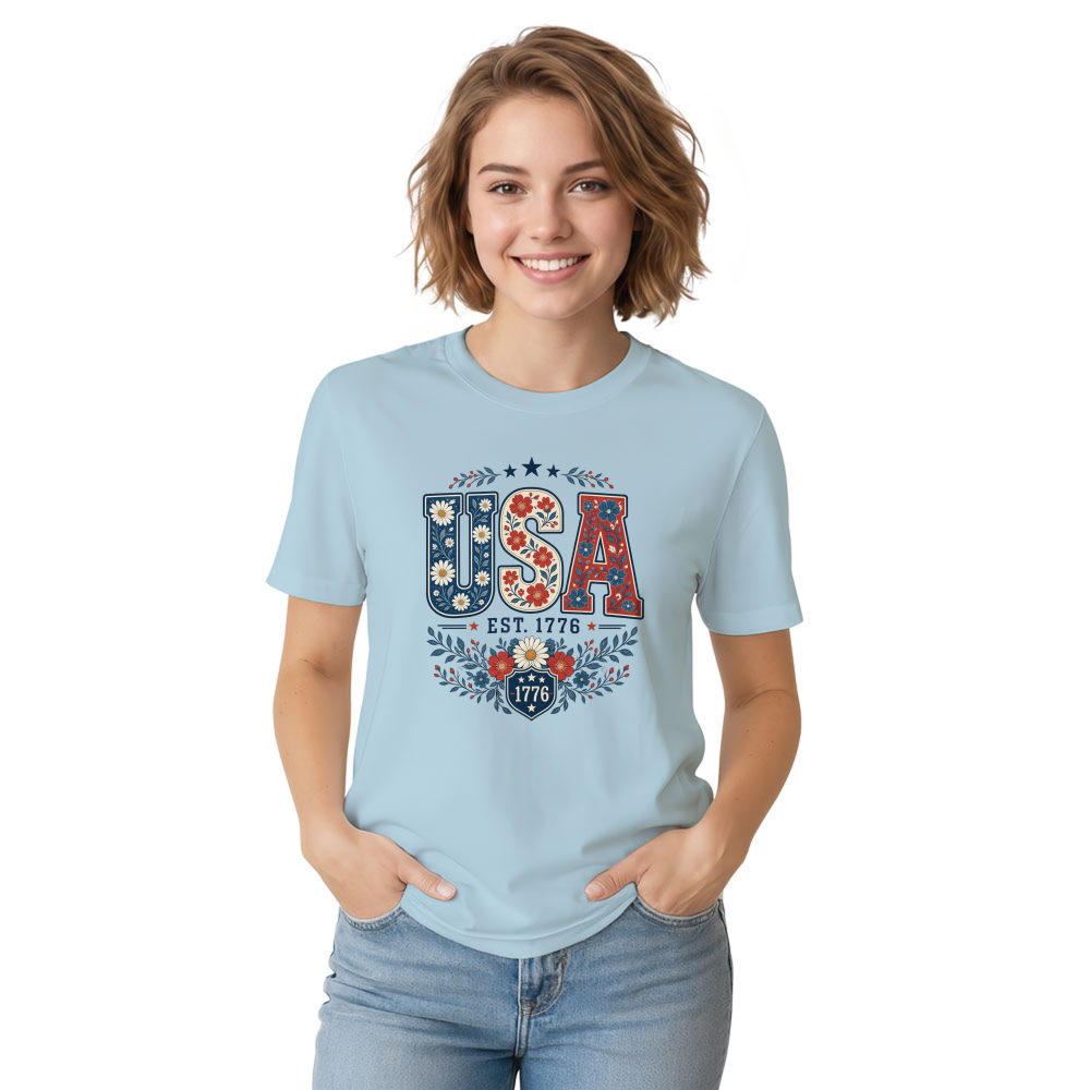 USA Flower Pattern Botanical Graphic T-Shirt