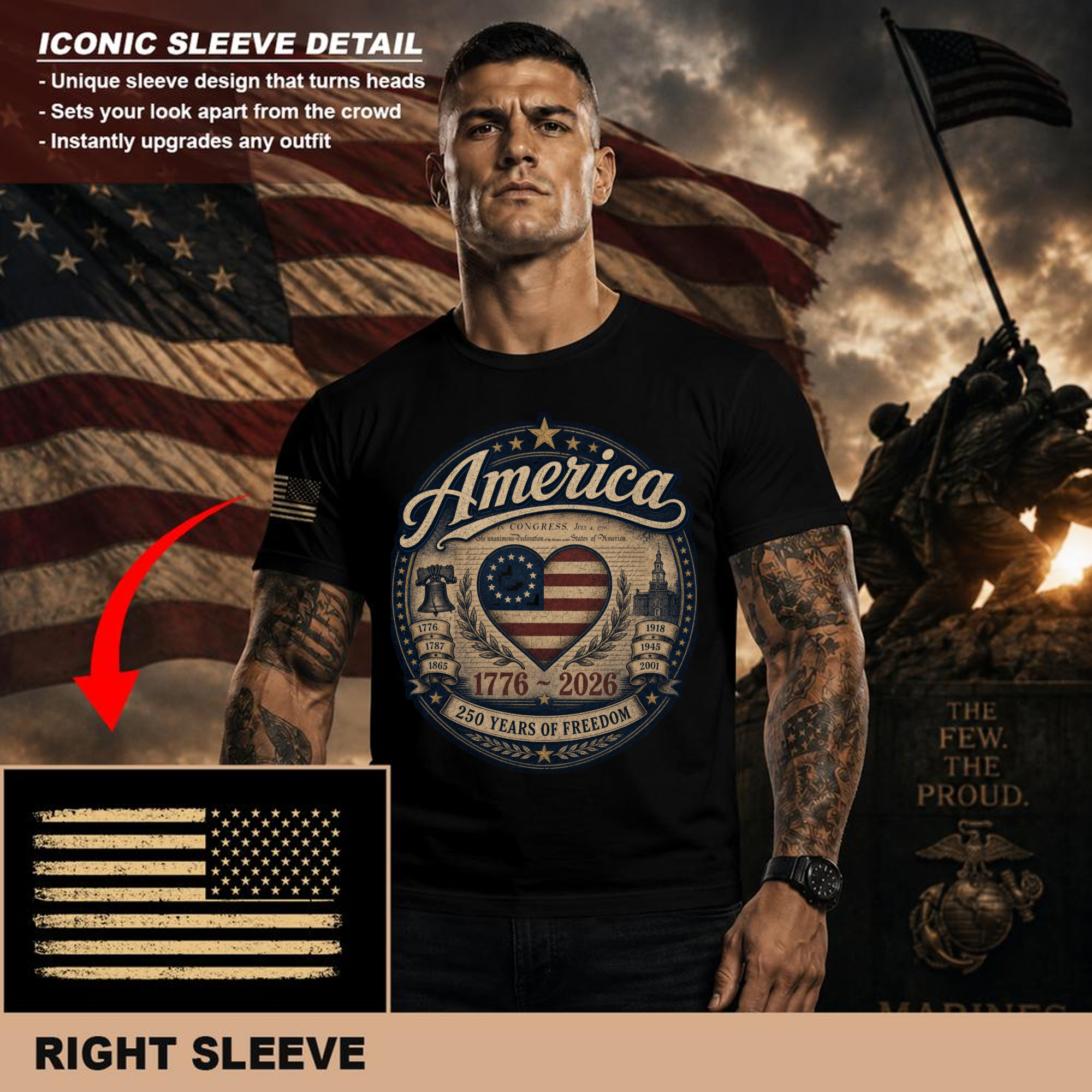 Pretty 250th Anniversary American Flag Graphic T-Shirt