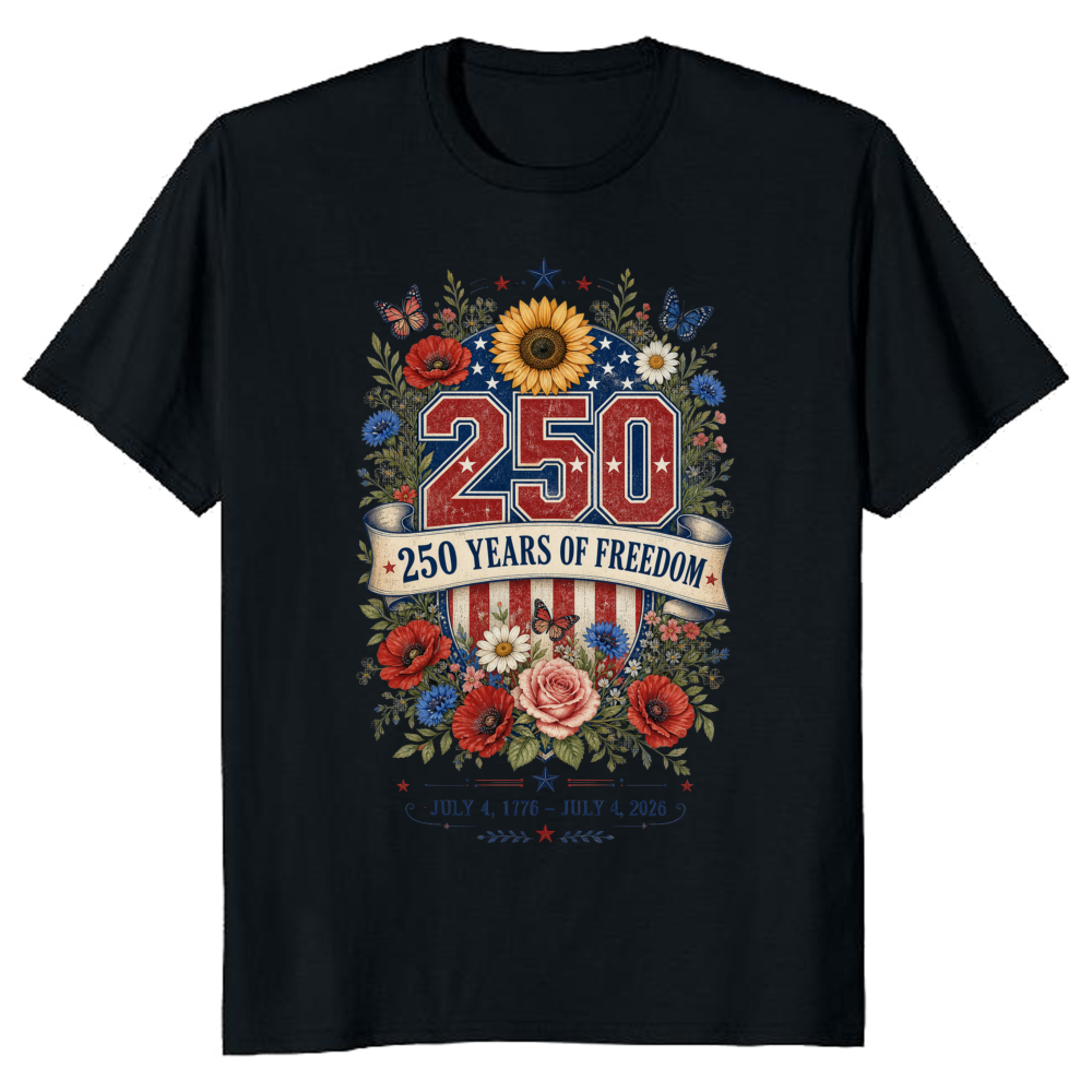 Botanical 250 Years of Freedom Patriotic Floral Graphic T-Shirt