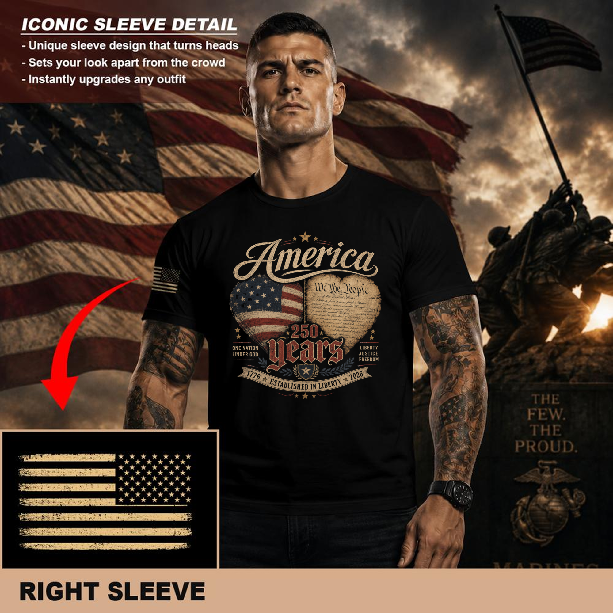 Patriotic 250 Anniversary Pretty Flag Graphic T-Shirt