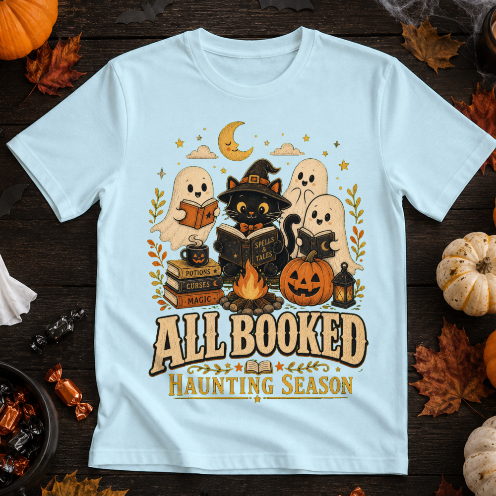 All Booked Haunting Season Retro Cat T-Shirt
