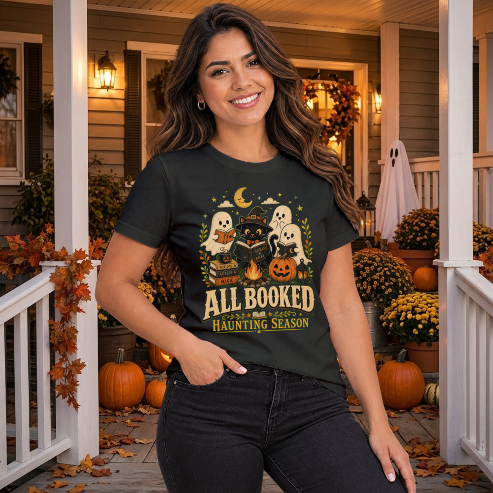 All Booked Haunting Season Retro Cat T-Shirt