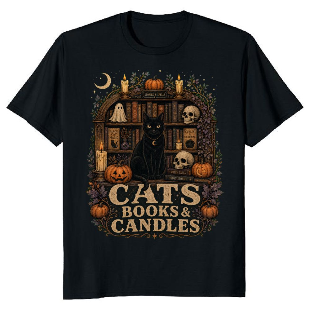 Cats Books & Candles Vintage Library T-Shirt