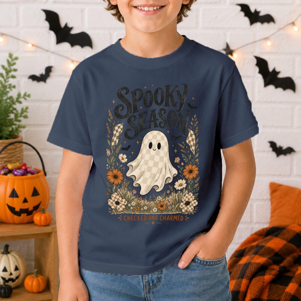 Spooky Season Checkerboard Ghost Youth T-Shirt