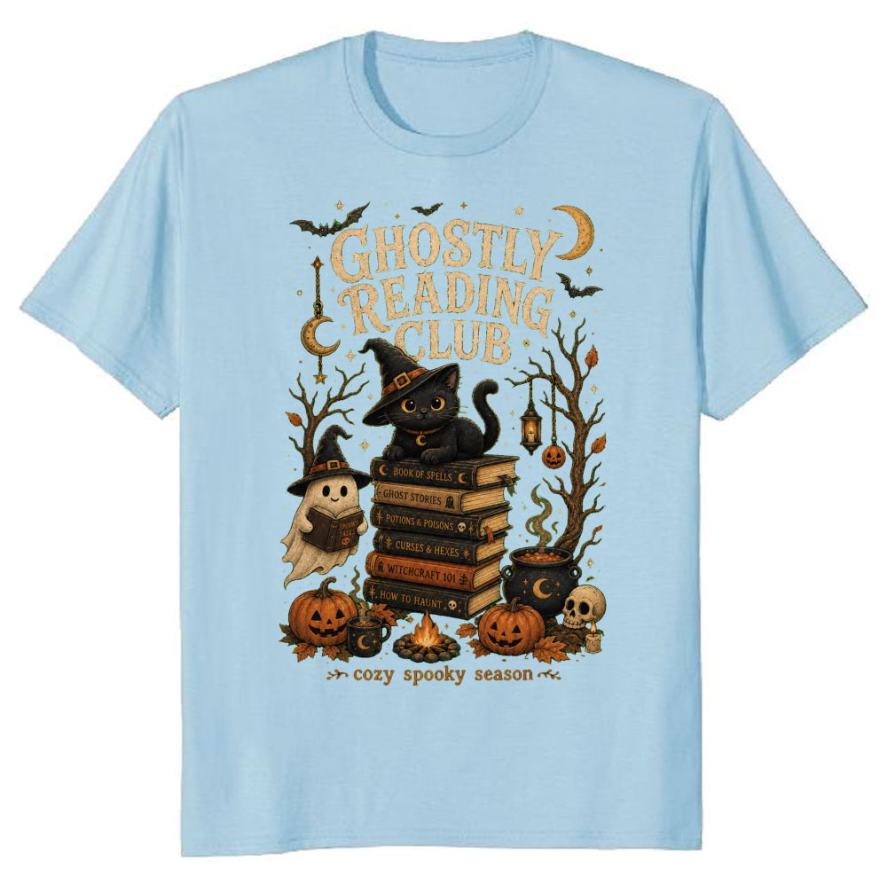 Halloween Black Cat Book Stack T-Shirt