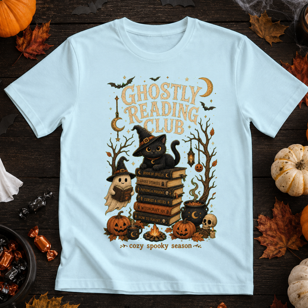 Halloween Black Cat Book Stack T-Shirt