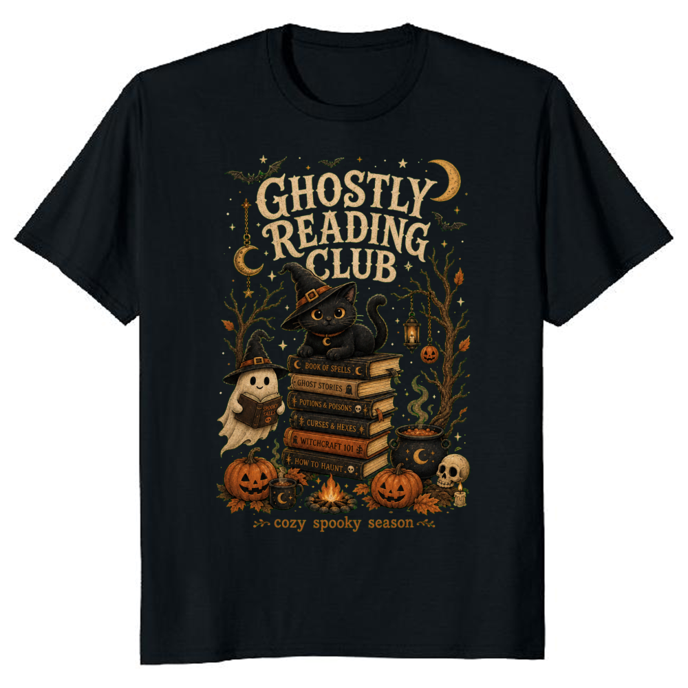 Halloween Black Cat Book Stack T-Shirt