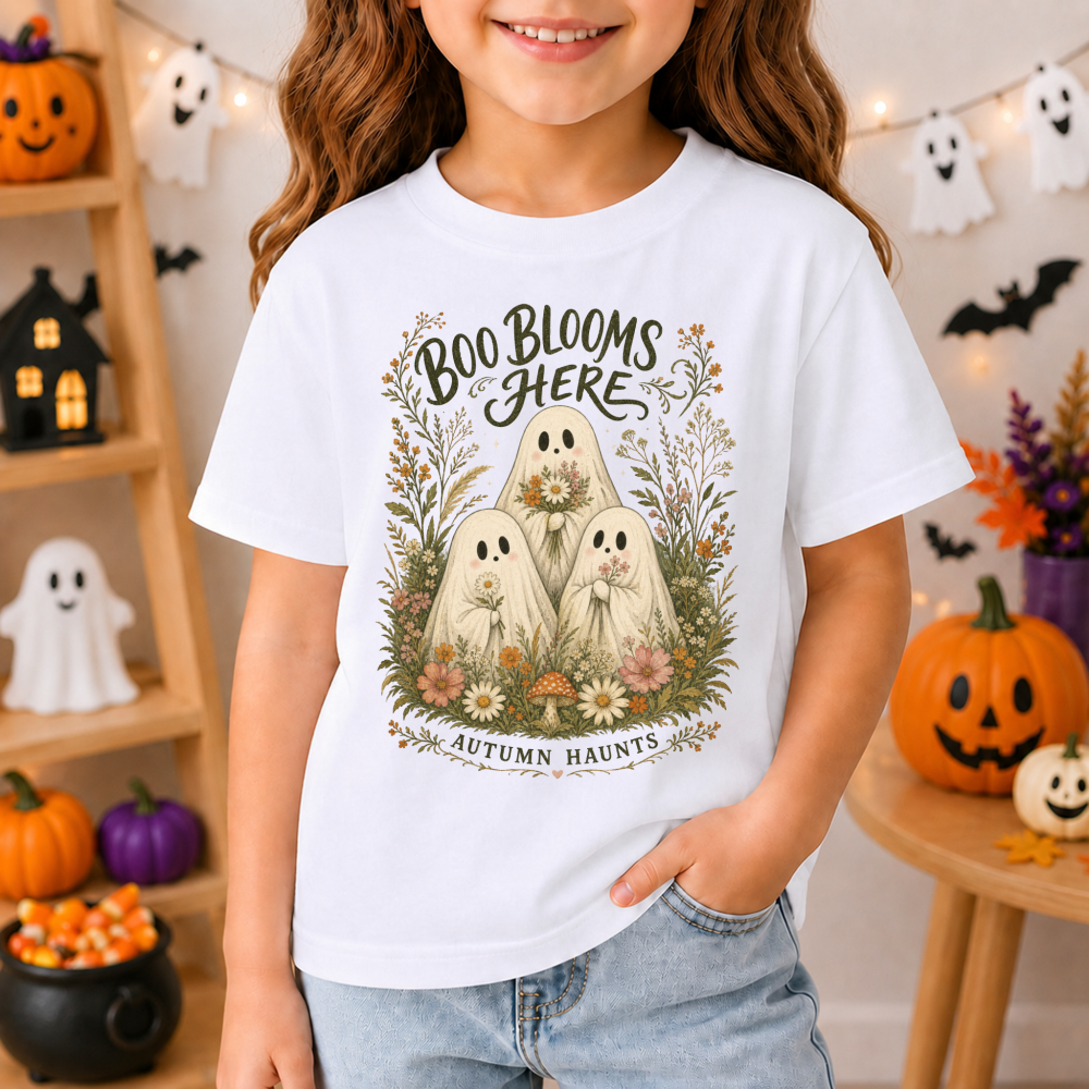Boo Blooms Here Floral Ghost Youth T-Shirt