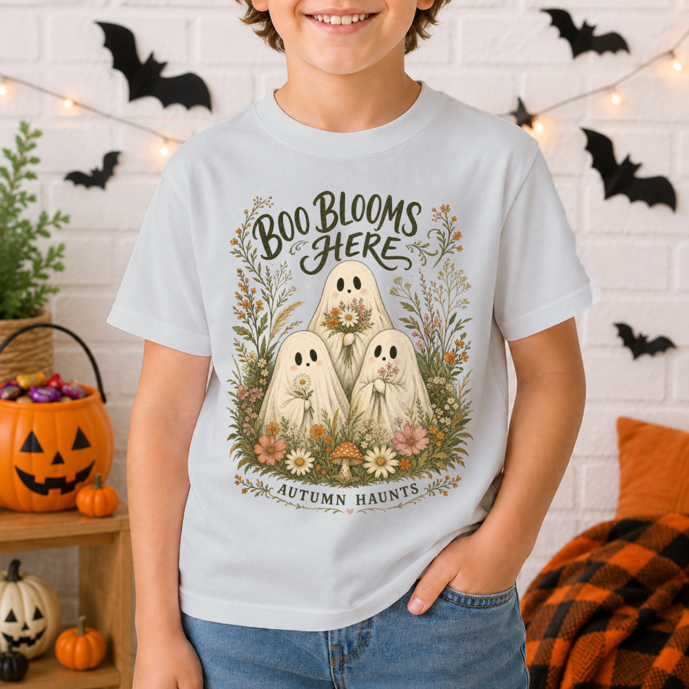 Boo Blooms Here Floral Ghost Youth T-Shirt