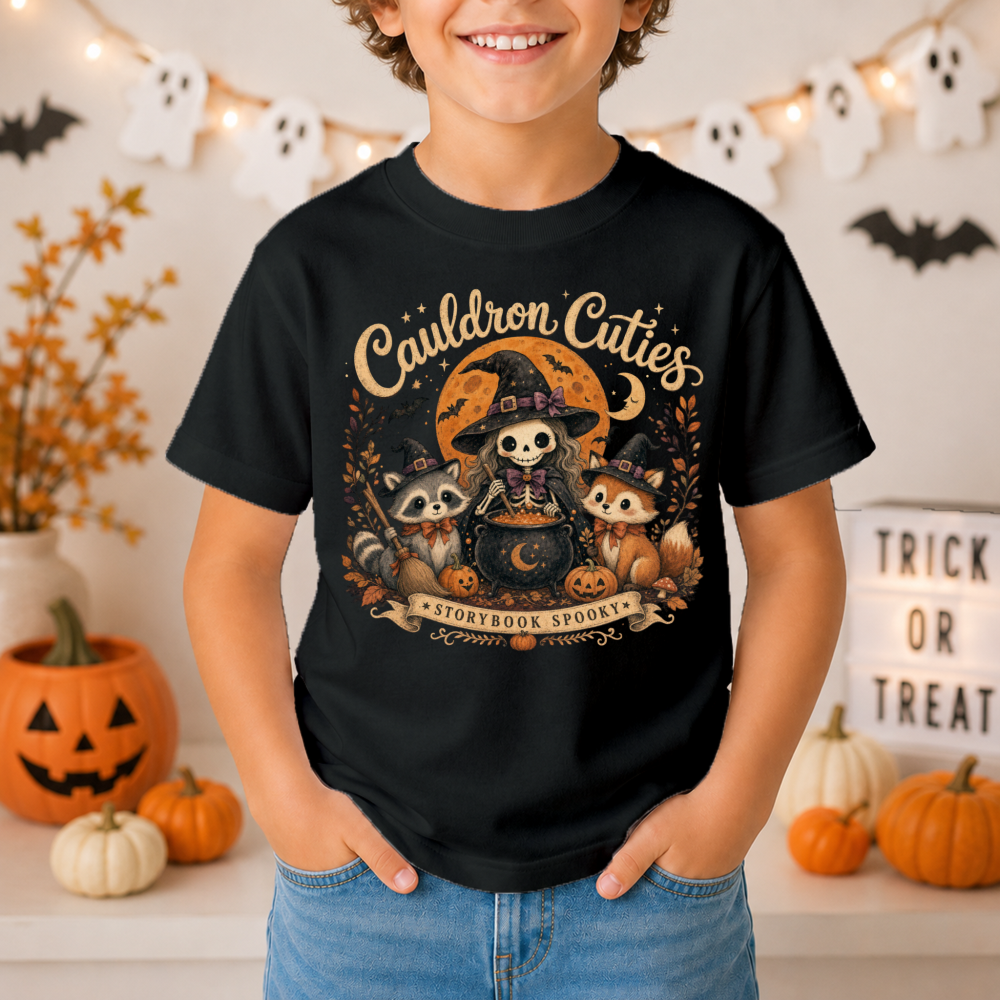 Cauldron Cuties Vintage Witch Black Youth T-Shirt