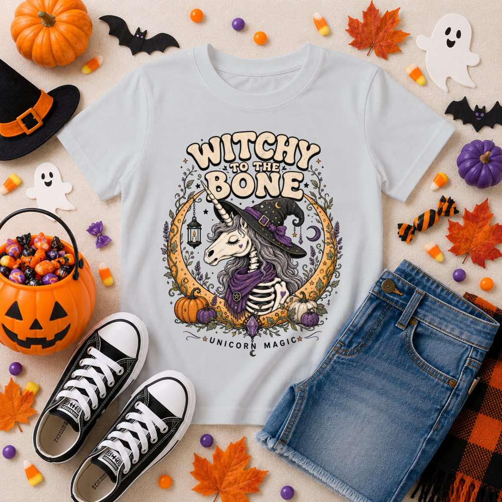 Witchy to the Bone Skeleton Unicorn Youth T-Shirt