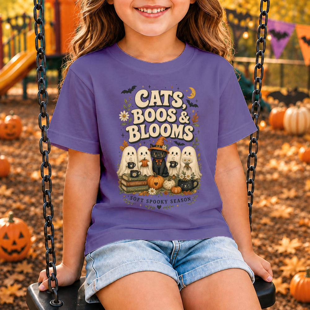 Cats, Boos & Blooms Watercolor Ghost Charcoal Youth T-Shirt