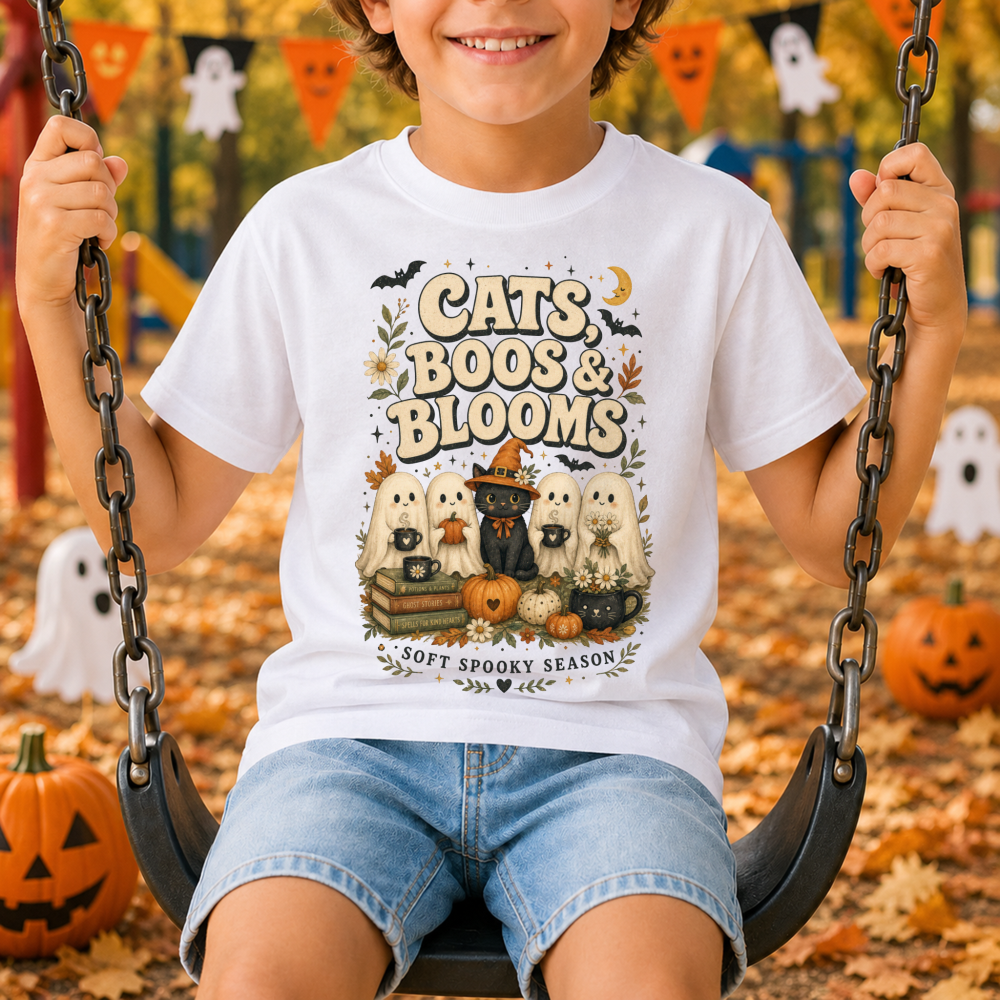 Cats, Boos & Blooms Watercolor Ghost Charcoal Youth T-Shirt
