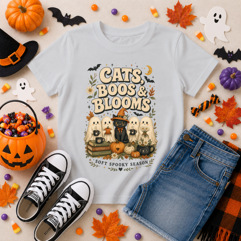Cats, Boos & Blooms Watercolor Ghost Charcoal Youth T-Shirt
