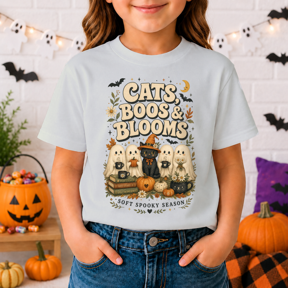 Cats, Boos & Blooms Watercolor Ghost Charcoal Youth T-Shirt