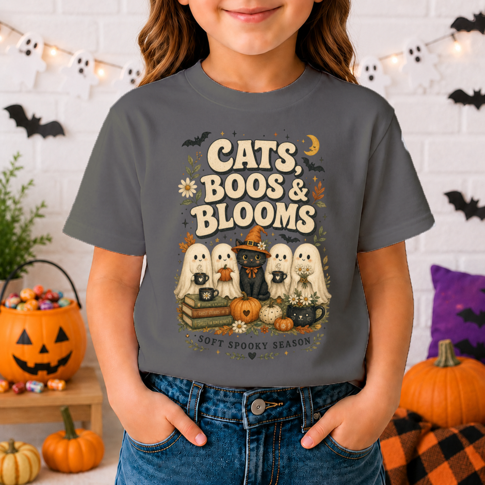 Cats, Boos & Blooms Watercolor Ghost Charcoal Youth T-Shirt