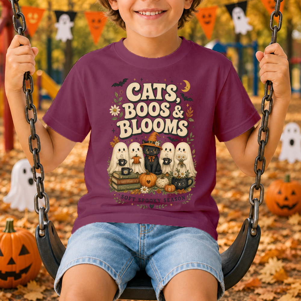 Cats, Boos & Blooms Watercolor Ghost Charcoal Youth T-Shirt
