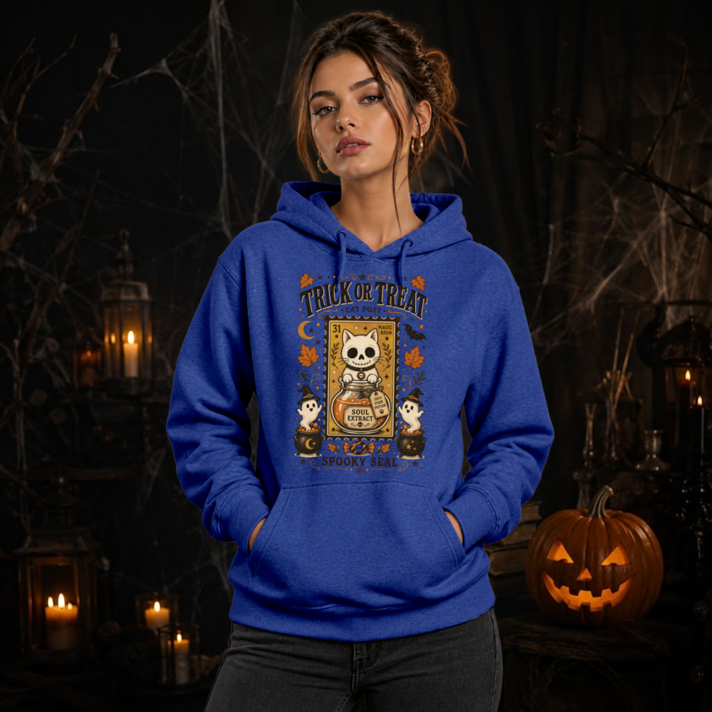 Trick Or Treat Vintage Cat Stamp Hoodie
