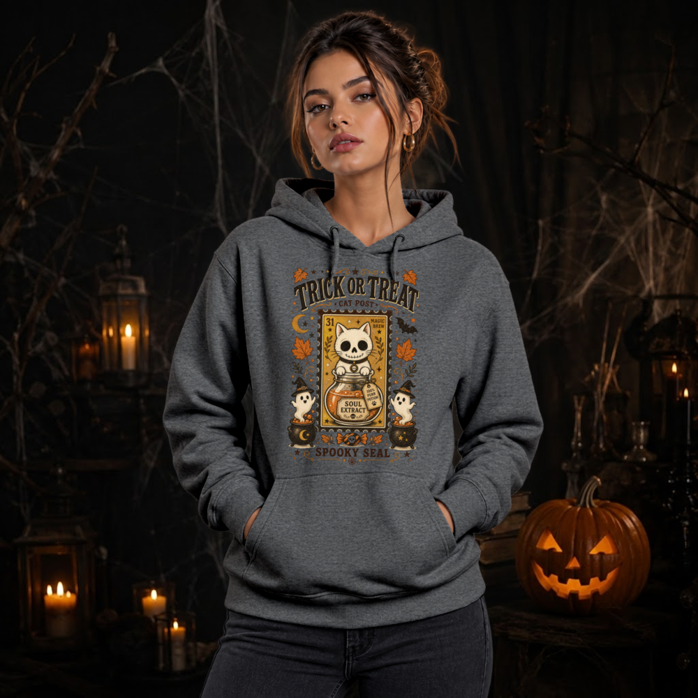 Trick Or Treat Vintage Cat Stamp Hoodie