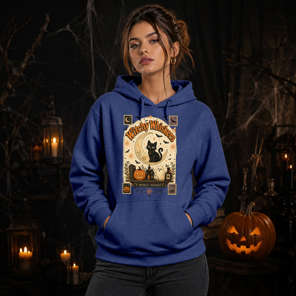 Witchy Whiskers Vintage Black Cat Hoodie