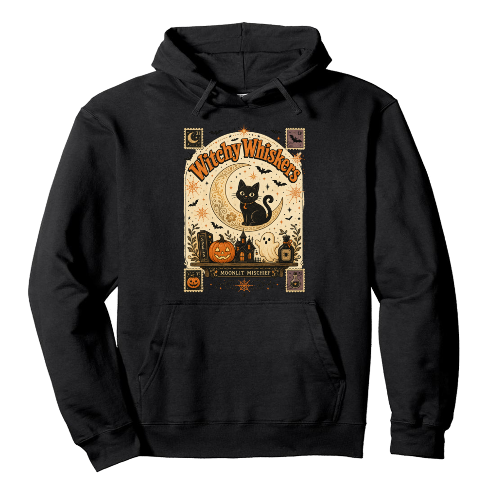 Witchy Whiskers Vintage Black Cat Hoodie