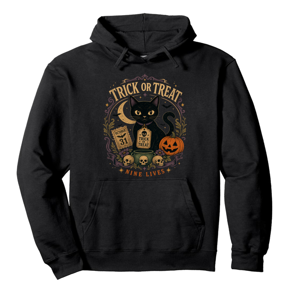 Trick Or Treat Nine Lives Black Cat Hoodie