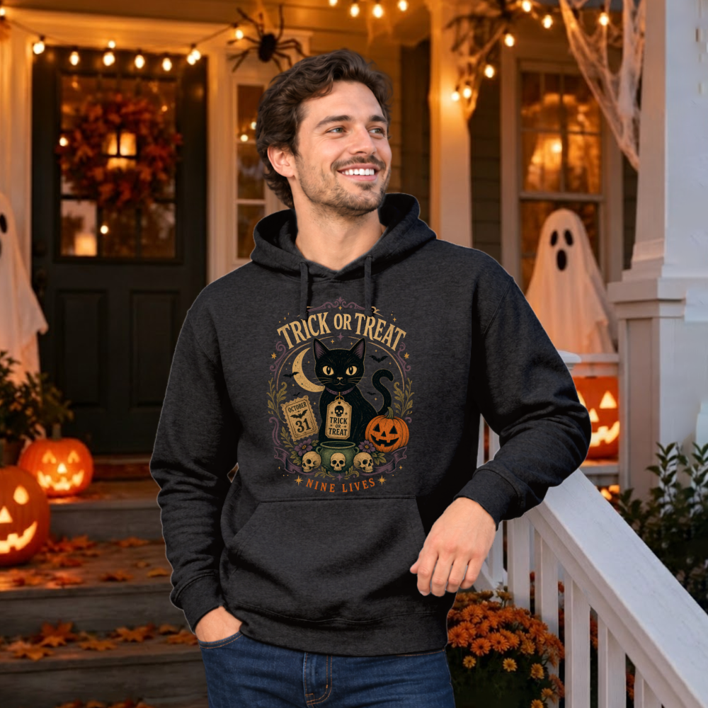 Trick Or Treat Nine Lives Black Cat Hoodie
