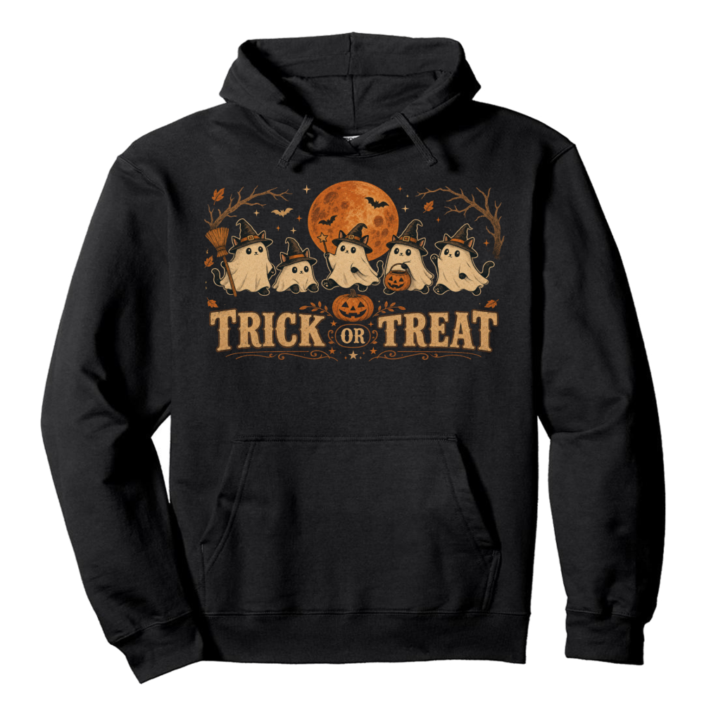 Trick or Treat Vintage Ghost Cat Hoodie
