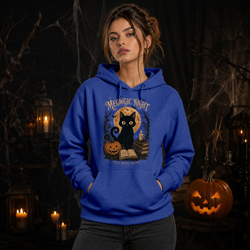 Meowgic Night Vintage Black Cat Dark Heather Hoodie