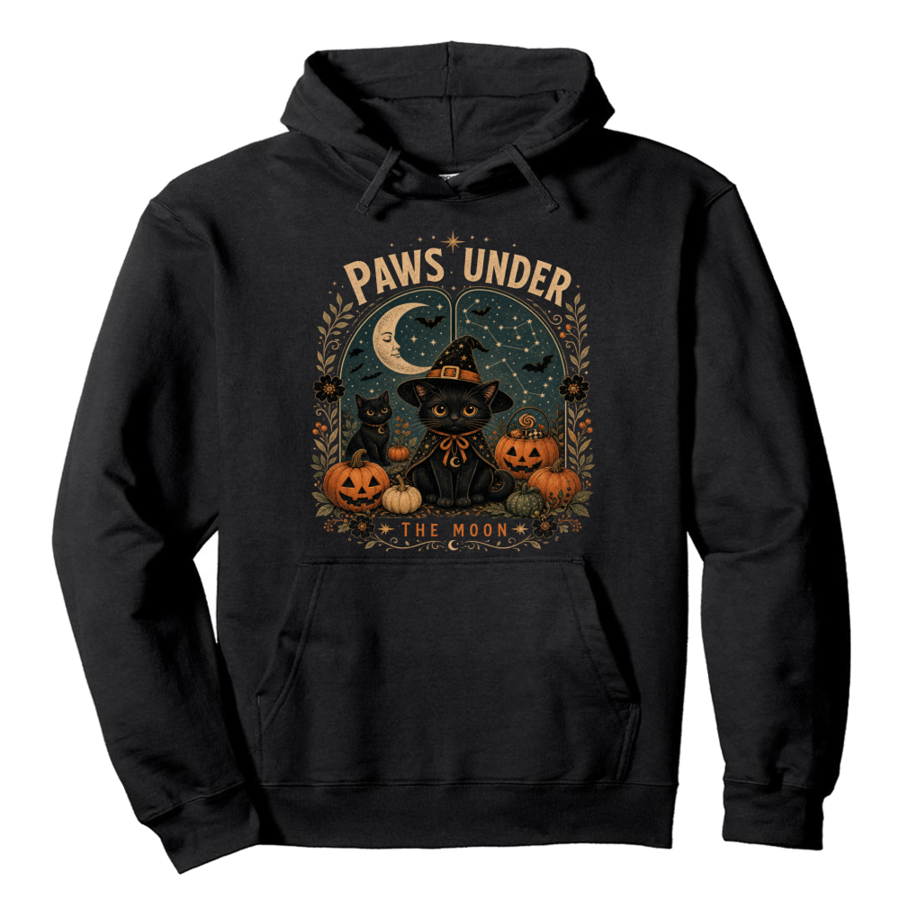 Paws Under the Moon Vintage Halloween Cat Hoodie